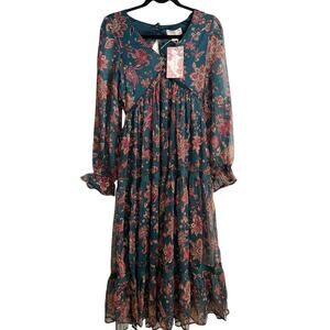 Band of the Free XS Dark Green Floral Tiered Maxi Dress Boho Cottagecore